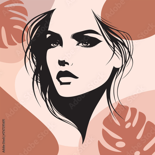 Silhouette portrait of a girl. Vector illustration against a background of monstera flowers.

