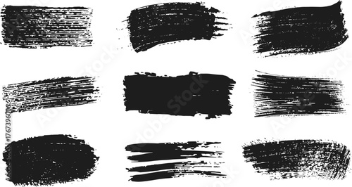 Set of nine black grunge brush strokes on white background, perfect for design elements, textures, or adding a stylish touch to any creative project.