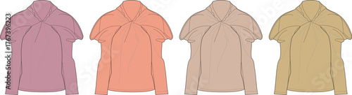 Fashion design technical flat sketch of a women's blouse with a draped high neck and short sleeves, presented in a set of four different colorways