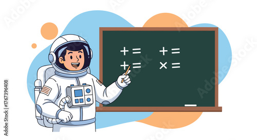 Astronaut teaching math equations on a chalkboard in space.