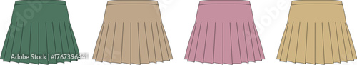 Collection of pleated skirts in various pastel colors emerald, tan, rose, and gold. Fashion styles