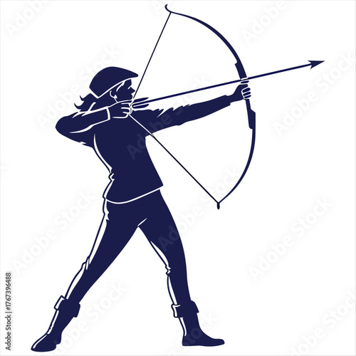 Silhouette of archer aiming bow and arrow on white background in a full body stance position