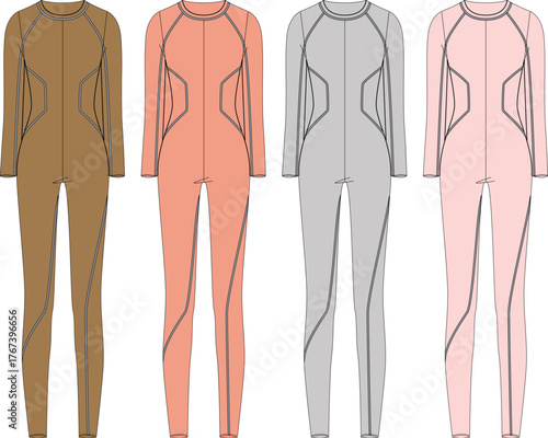 Women's long sleeve fitness jumpsuit technical fashion flat sketch. Vector illustration set of a sporty catsuit with zipper and contour seams concept