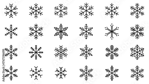 Assortment of geometric ice crystal snowflake vector illustrations on a white background