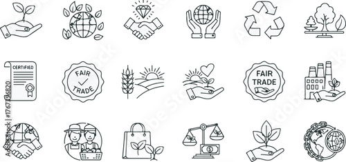 Sustainable fair trade and ethical business icon set in line art style on white background