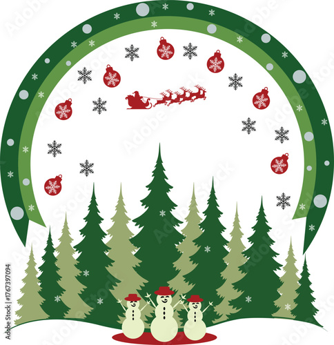 christmas forest with santa sleigh silhouette and three snowmen in minimalist snow-globe scene