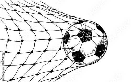 a soccer ball going into a net, capturing motion, energy, and the excitement of scoring in detailed linework.