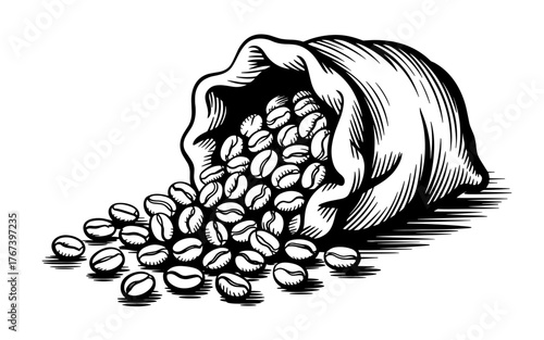 a coffee bean bag with beans spilling out, showing detailed texture, shading, and classic hand-drawn realism.
