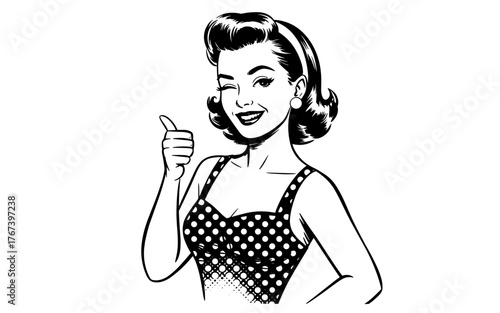 a smiling woman in a polka-dot top, winking and giving a thumbs-up gesture, featuring expressive vintage comic art