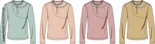 Fashion illustration of four long-sleeved shirts in different pastel colors, showcasing neckline details and sleeve construction