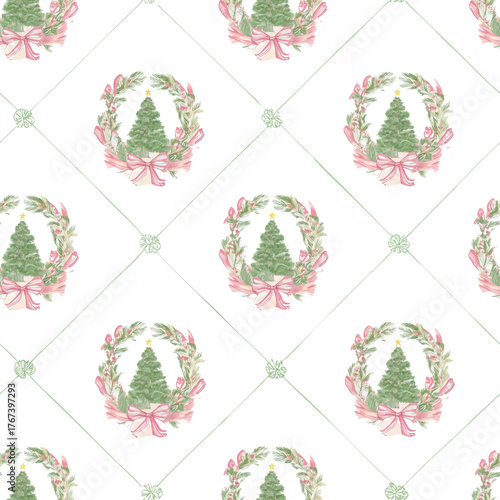 Christmas pink wreaths, trees and bows vector pattern in retro style. Cute seamless coquette background. Vintage Illustration for greeting cards, invitations, holiday fabric or wrapping paper