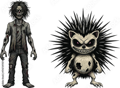 PrintCreepy zombie man and evil hedgehog monster illustration, horror fantasy artwork for Halloween, spooky undead character design, dark scary creatures