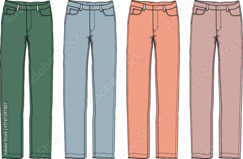 Variety of colorful pants in different shades green, blue, coral, and pink