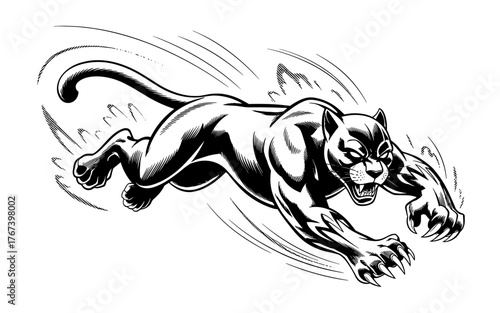 Dynamic black and white of a fierce panther in mid-leap, symbolizing power, speed, aggression, strength, and wild animal energy.