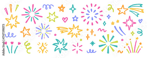 Chalk fireworks, crayon sparkling stars doodle set. Kids pencil color firecracker, confetti, sunburst, explosion in sketch style. Grunge texture. Hand drawn illustration isolated on white background