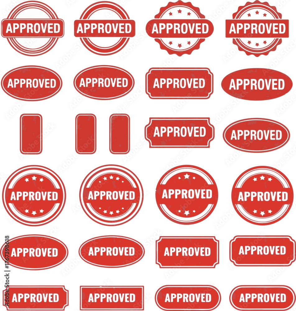 Obraz premium Large collection of red APPROVED stamps vector badges seals certification symbols on white background