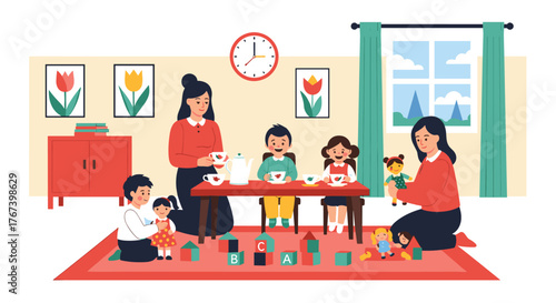 Children and teachers enjoying playtime and learning activities together.