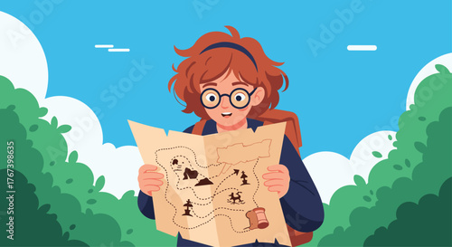 Young explorer studying a map in a lush outdoor environment.