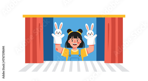 Young girl performing puppet show with bunny hand puppets.