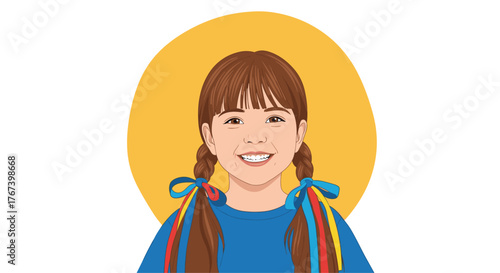 Smiling girl with pigtails and colorful ribbons in her hair.