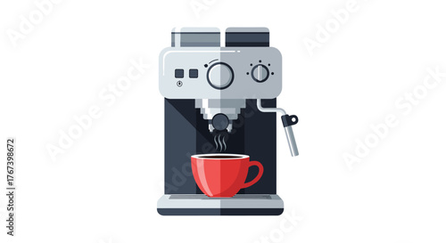 Modern espresso machine brewing coffee into a red cup, close up.