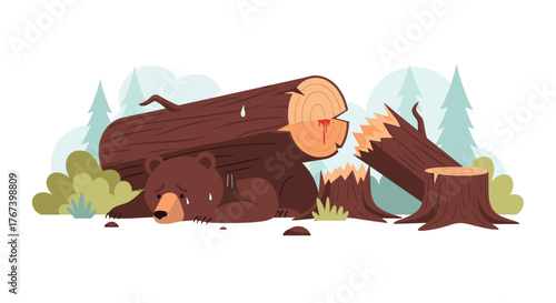 Bear resting near a fallen tree in the forest.
