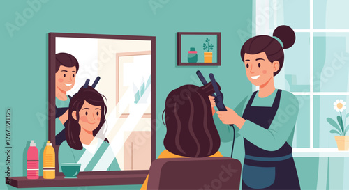 Hairdresser applying hair dye to a customer in salon.