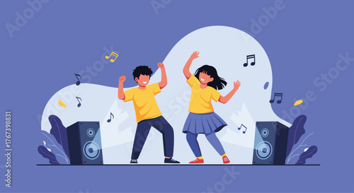 Joyful children dancing to music, enjoying the moment with energy.