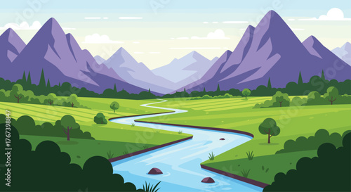 Scenic river flowing through lush green valley with mountains.
