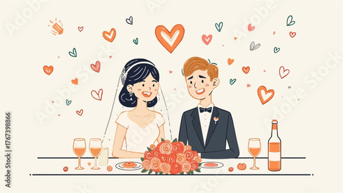 A happy couple celebrates their wedding day, surrounded by love and joy, depicted in a charming vector illustration with hearts and floral decorations.