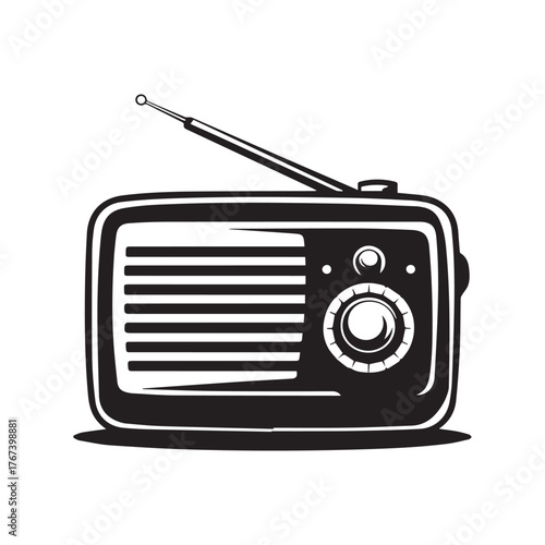 Black and White Vintage Portable Radio Silhouette On White Background.