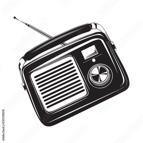Black and White Vintage Portable Radio Silhouette On White Background.