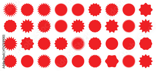 Red Circle Sticker and Badge Set, Wavy Edge Labels, Blank Sale Tags, Vintage Promo Shapes Vector, Simple silhouette, Graphic illustration.