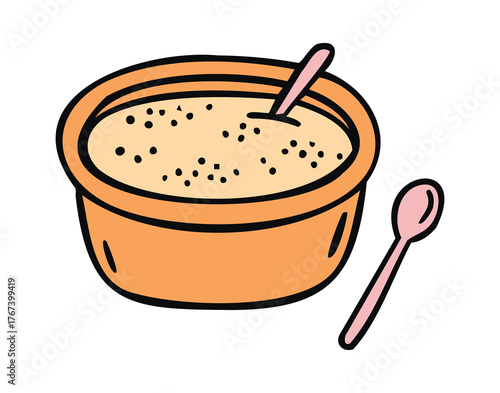 Bowl of porridge with spoon, cozy hand drawn doodle style.