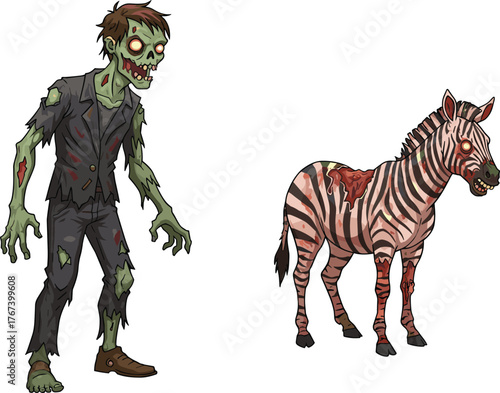 PrintCreepy zombie man and undead zebra illustration, horror Halloween design concept, spooky fantasy creature artwork, scary monster apocalypse themed character art