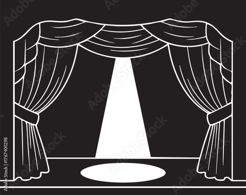 Adobe Illustrator Artwork  "Theater Stage with Curtains and Spotlight - Dramatic Performance Vector Illustration"
