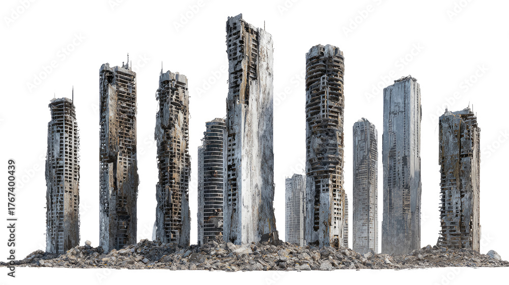 © Vector Nazmul - Set of Ruined Skyscrapers Isolated on transparent background Remove png, Clipping Path, pen tool