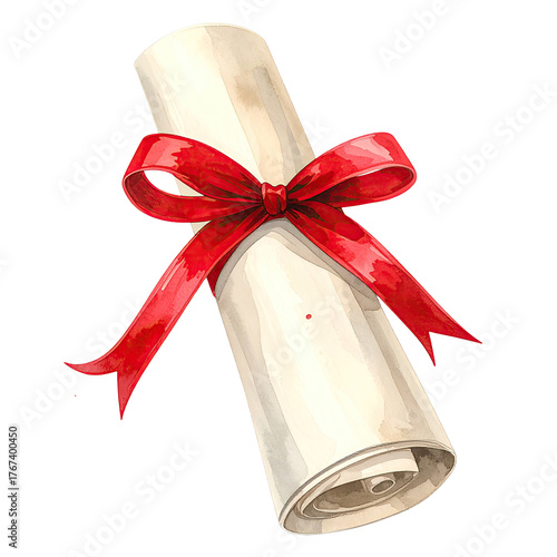 Watercolor image of a rolled parchment scroll tied with a bright red ribbon