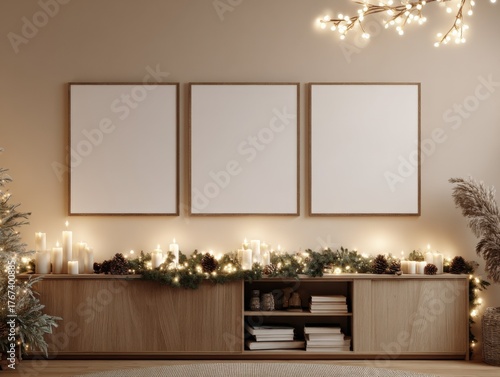 Festive Interior with Three Frames Mockup, Christmas Garland, and Warm Candlelight, Perfect for Holiday Decor Showcase