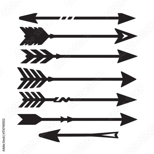 Collection of black and white tribal arrows with varied fletching and shaft designs graphic Silhouette On White Background. 