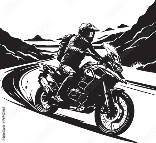 Adobe Illustrator Artwork "Adventure Motorcycle Rider on Mountain Road - Off-Road Touring Vector Illustration"