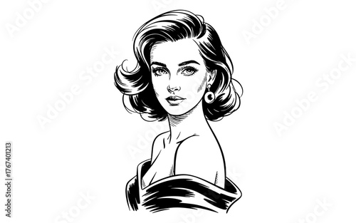 a stylish woman with short wavy hair and large earrings, gazing confidently over her shoulder.