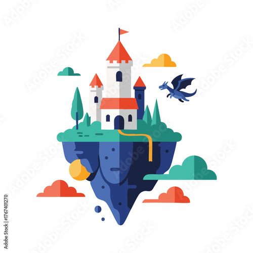 Floating Castle Island with Flying Dragon