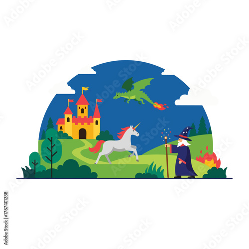 Magical Scene with Wizard, Dragon, and Castle