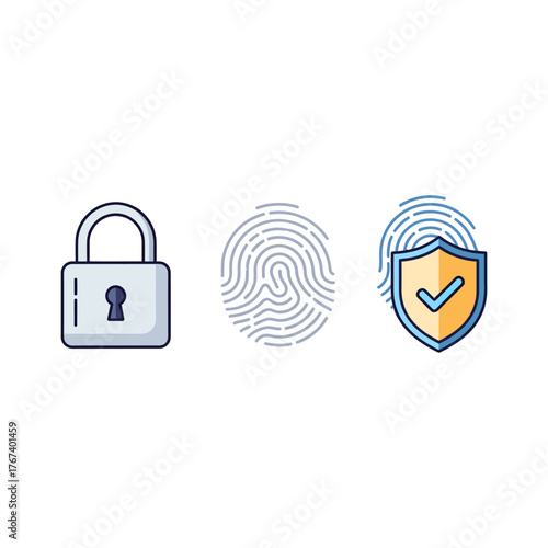 Lock, fingerprint, and shield represent security measures for data protection and identity verification in a digital world, conveying trust and safety.