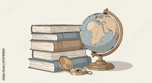 Realistic classical desk with books and navigation compass