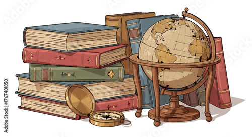 Academic study scene with globe and old books