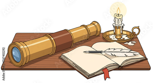 Classic astronomy setup with telescope and soft warm light