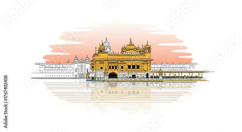 Golden Temple Amritsar Sunrise Vector Illustration