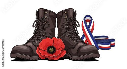 Military boots with poppy flower and folded flag ribbon vector